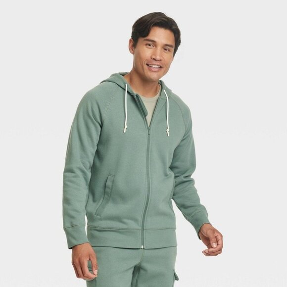 Men's Cotton Fleece Full Zip Hooded Sweatshirt - All in Motion™ Green Medium - Picture 1 of 1
